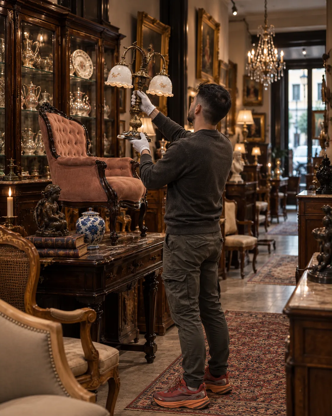 Sebastián Donoso examinando una lámpara antigua en Antigüedades Roma