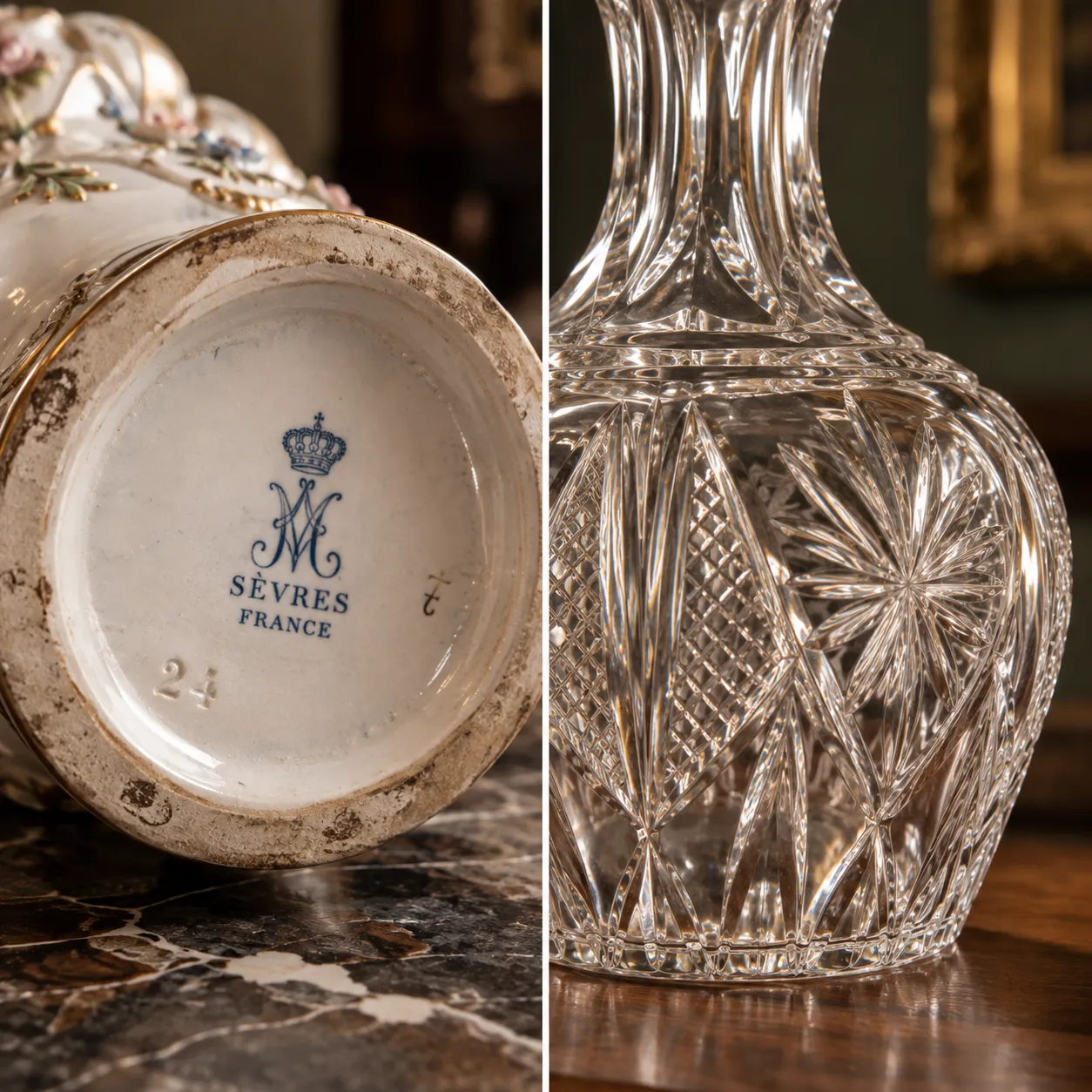 Detalle de porcelana, cristal y vajilla